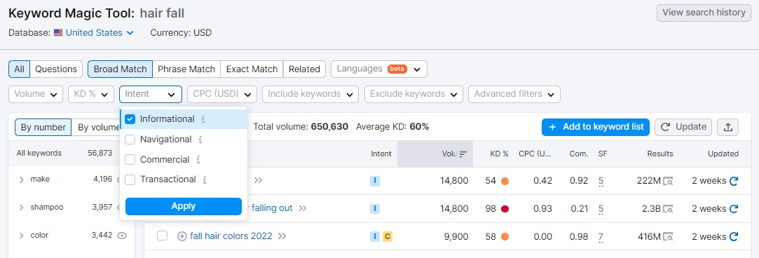 Filter Search Intent in SEMrush